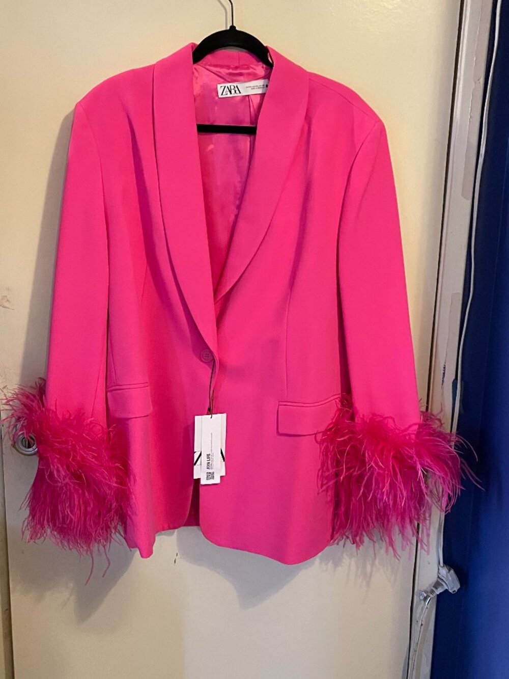 NWT Zara Hot Pink Blazer with Feather Cuffs